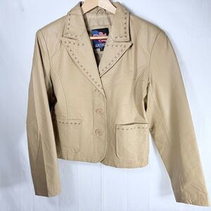 USA LEATHER Tan Blazer XL Three Button Closure Two‎ Front Pockets